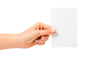 Obraz premium Hand holding a blank white card isolated on transparent background