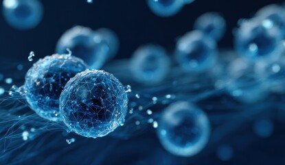 Abstract blue spheres connected by glowing network lines in dark space.