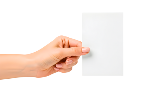 Hand holding a blank white card isolated on transparent background