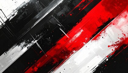 Abstract diagonal brush strokes in black, red, and white with splatters and motion.