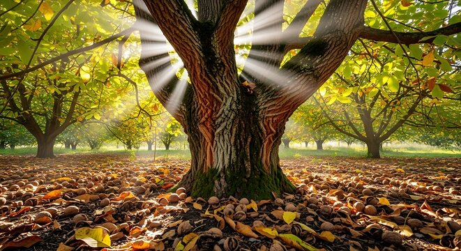 Sunlight streams through the canopy of a walnut orchard, illuminating the ground covered in fallen leaves and nuts
