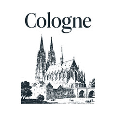 Fototapeta premium Old CologneTravel engraved black white illustration 