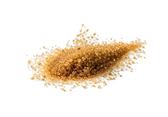 Fine brown crystalline granules resembling raw sugar dynamically dispersing from a mound, macro shot on a transparent background with copy space, concept for food ingredient purity