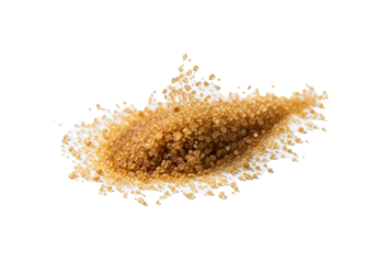 Fine brown crystalline granules resembling raw sugar dynamically dispersing from a mound, macro shot on a transparent background with copy space, concept for food ingredient purity