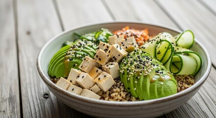 Vegan poke bowl with quinoa, avocado, tofu, cucumber, and sesame