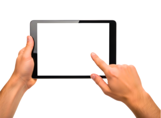 Hands holding and touching a tablet computer isolated on transparent background
