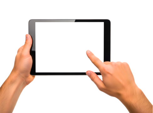 Hands holding and touching a tablet computer isolated on transparent background - Powered by Adobe