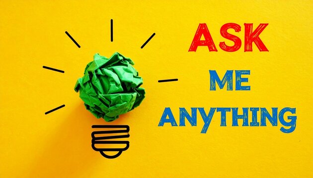 Crumpled green paper light bulb with “Ask me Anything” text on bright yellow background.