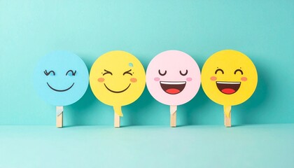 Colorful speech bubble lollipops with expressive faces on teal background.