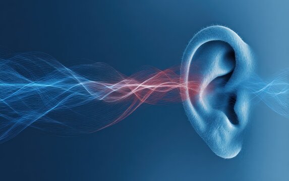 Human ear receiving abstract blue and red sound waves illustration