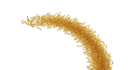 Ultra-macro shot of polished, golden, crystalline grains cascading in an elegant arc, frozen in mid-air against a bright white studio background with copy space, concept of fluidity and transformation