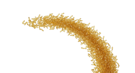 Ultra-macro shot of polished, golden, crystalline grains cascading in an elegant arc, frozen in mid-air against a bright white studio background with copy space, concept of fluidity and transformation