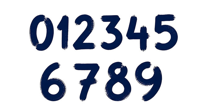 Hand-painted brush stroke numbers zero to nine on white background