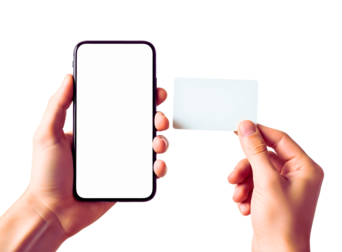 Hands holding a smartphone and a blank card isolated on transparent background - Powered by Adobe