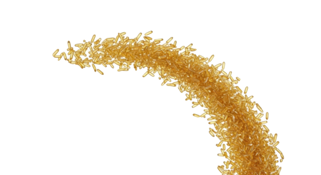 Ultra-macro shot of polished, golden, crystalline grains cascading in an elegant arc, frozen in mid-air against a bright white studio background with copy space, concept of fluidity and transformation