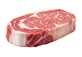 Thick, raw, boneless beef ribeye steak, vibrant red with intricate white marbling, clear fat cap, glistening, isolated on transparent with copy space, premium culinary concept