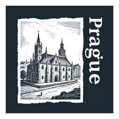 Old Prague Travel engraved black white illustration	