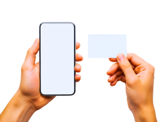 Person holding a smartphone and a blank business card isolated on transparent background