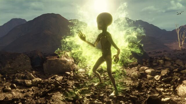 A Grey Alien in a rocky desert landscape with panoramic mountain and sky background details with a pulsating energetic portal opening.
