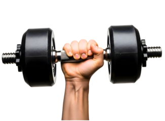 Hand holding a heavy dumbbell isolated on transparent background