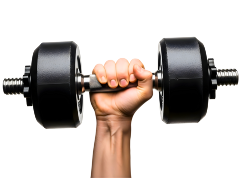 Hand holding a heavy dumbbell isolated on transparent background - Powered by Adobe