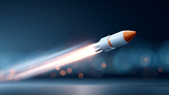 A rocket ship with a white body and orange nose cone is launching into space, leaving behind streaks of light as it moves through the dark sky