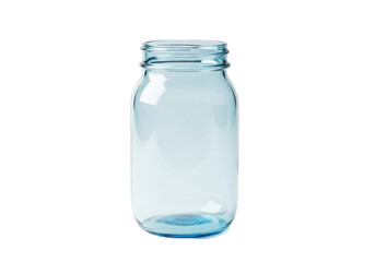 Empty, transparent blue-tinted glass mason jar with distinct screw threads, isolated on a transparent seamless studio background with copy space concept of versatile storage and clean design