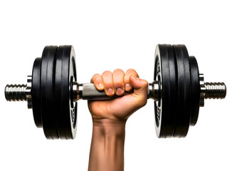 Fototapeta premium Hand holding a heavy dumbbell isolated on transparent background