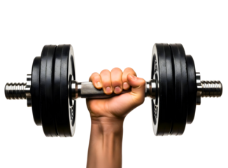 Hand holding a heavy dumbbell isolated on transparent background