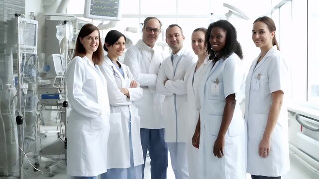 A group of medical professionals in a hospital setting, with their arms crossed. They are dressed in white lab coats, suggesting they are medical professionals.