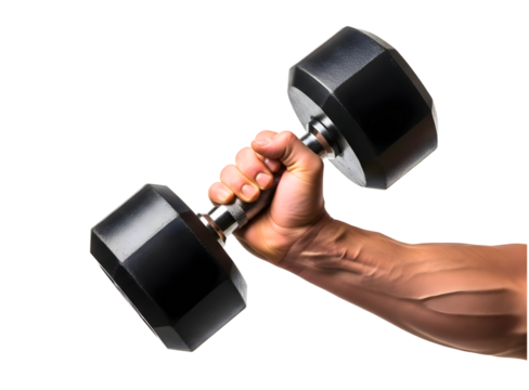 Muscular arm holding a heavy dumbbell isolated on transparent background