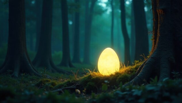 Magical Easter Egg Surprise in a Mystical Forest Setting A single, brightly glowing Easter egg nestled in the soft moss of a mystical forest. Dappled moonlight filters through ancient trees, creating