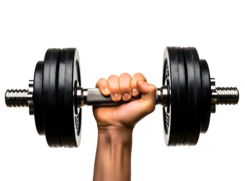 Hand holding a heavy dumbbell isolated on transparent background