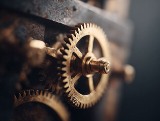 Intricate gears mesh in a closeup, revealing aged metal and precise engineering. Represents time, mechanics, industry, or complex systems. Ideal for technology or history themes.