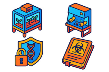 Biotech Containment Systems. Isometric vector illustration set Biotech Containment Systems: Sealed growth chamber, biosafety