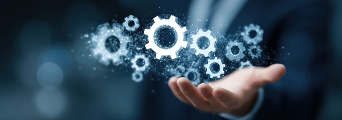 Hand holding glowing digital gears connected by network lines.