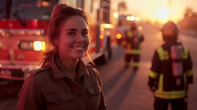 A closeup portrait of a woman with a radiant smile, set against a backdrop of a city street during sunset. The womans face is illuminated by the warm.