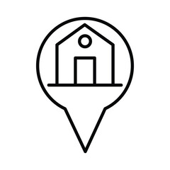 Black outline of a house within a pointershaped map marker