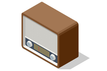 Isometric classic wooden vintage radio receiver, a symbol of retro communication and broadcast media Vintage analog radio device representing classic communication, nostalgic from the mid-20th century