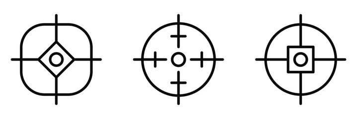 Target icons. Focus symbol in circle. Isolated gun shoot aim set. Bullseye vision collection. Round aiming focus. Gun sight crosshairs. Vector crosshair set.