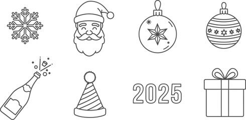 Naklejka premium Festive new year 2025 celebration icons in outline style