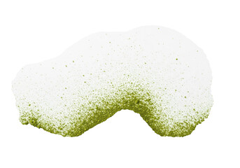 Fine, bright earthy green matcha powder particles artfully scattered on a transparent background with soft studio light, forming an organic pattern and copy space. Concept of natural purity