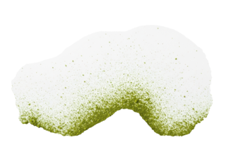 Fine, bright earthy green matcha powder particles artfully scattered on a transparent background with soft studio light, forming an organic pattern and copy space. Concept of natural purity