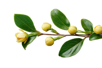 Cotoneaster branch with yellow buds and leaves isolated on transparent background. Delicate yellow flower buds and green leaves isolated on white background.