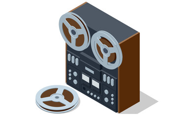 Isometric illustration of a retro reel-to-reel tape recorder with reels and knobs. Classic analog audio equipment symbolizing vintage sound recording and studio technology.