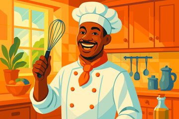Cheerful Chef in Kitchen. Cheerful chef in a vibrant kitchen holding a whisk, illuminated by natural light, radiating energy and