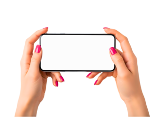 Woman s hands holding a smartphone horizontally with a blank screen isolated on transparent background