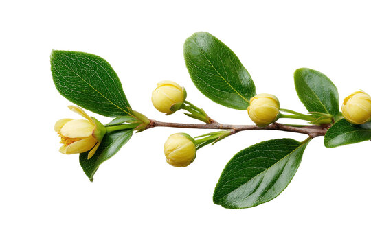 Cotoneaster branch with yellow buds and leaves isolated on transparent background. Delicate yellow flower buds and green leaves isolated on white background.