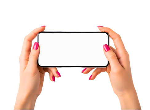 Woman s hands holding a smartphone horizontally with a blank screen isolated on transparent background - Powered by Adobe