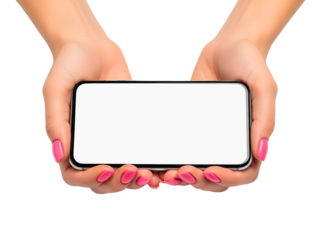Woman s hands holding a smartphone with a blank white screen isolated on transparent background